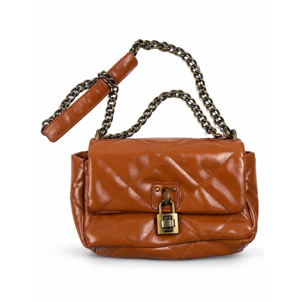 Vintage Y2K Orange Puffy Quilted Leather Chain Chic Shoulder Bag Purse